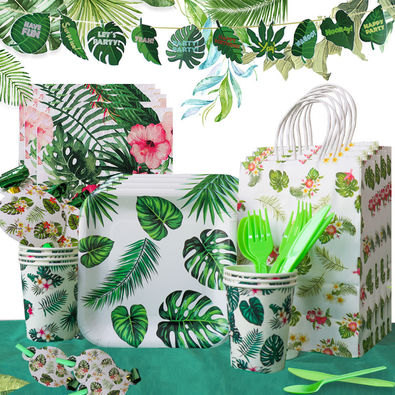 Hawaii party decoration green leaves jungle disposable tableware plates napkins tropical summer wedding party