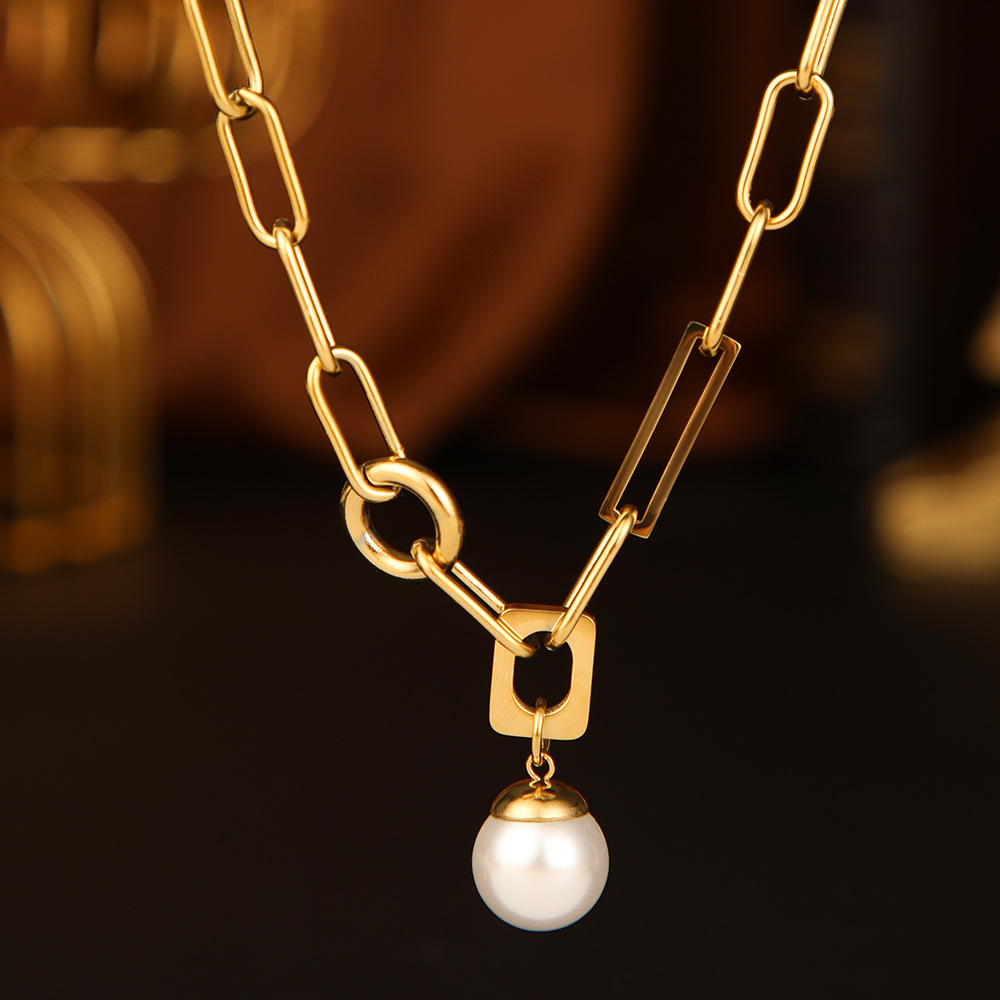 316l stainless steel new elegant jewelry hip hop geometric pearl charms thick chain choker necklaces & pendants for women