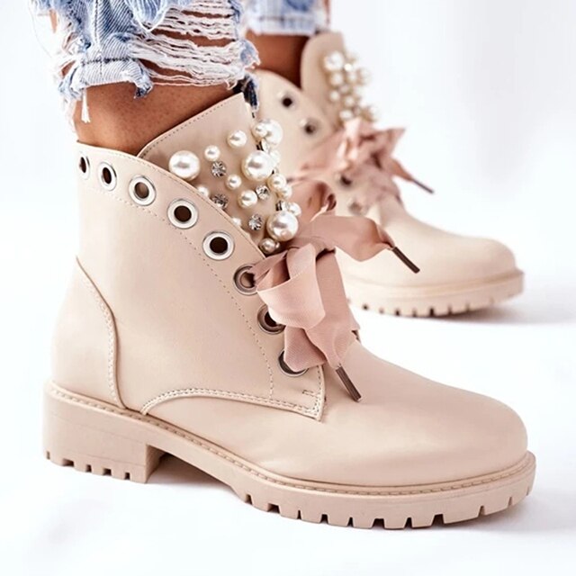 Bottines de moto antidérapantes avec perles en cristal pour femmes, chaussures d&#39;automne Punk à lacets, plateforme, grande taille,: Beige / 8.5