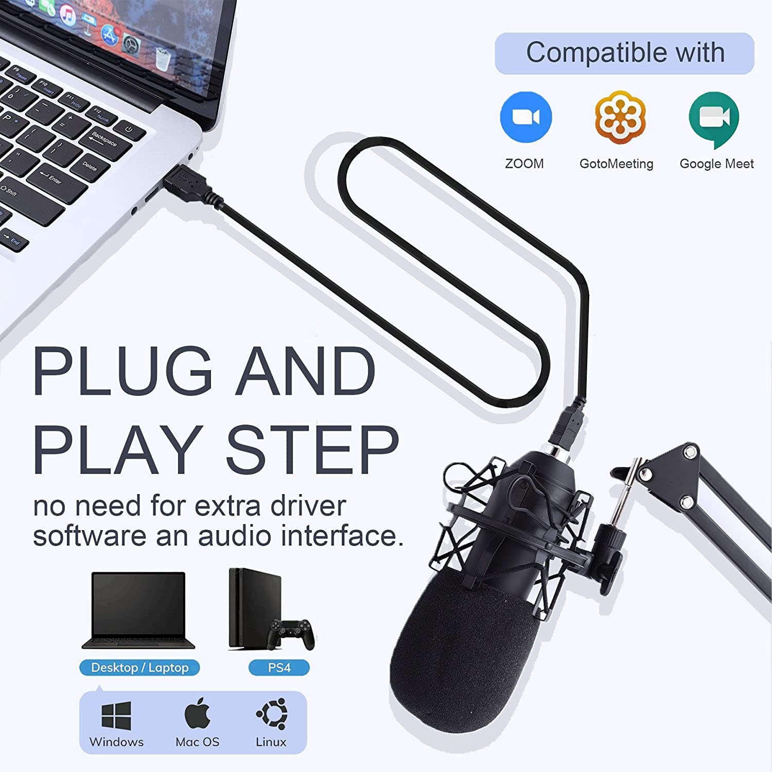 Podcast Condenser Microphone for Computer, Plug&amp;Play Cardioid PC Microphone with 192kHz/24bit Sound Chipset, Boom A