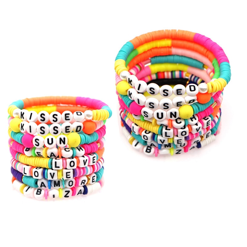 Handmade Summer Beach Bracelet Bangle For Men Women Couple Jewelry Colorful Letter Polymer Clay Beads Bracelet Boho