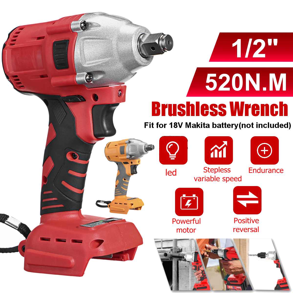 18V Impact Wrench Brushless Cordless Electric Wrench Power Tool 520N.m Torque Rechargeable For Makita Battery DTW285Z