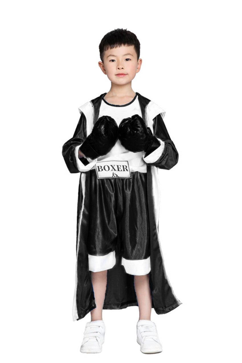 Barn blå röd svart boxare kostym halloween pojke boxning match jumpsuit med mantel kostym
