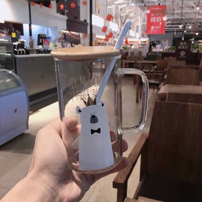 High borosilicate glass Glass Cup Bear Pattern Transparent Glass Bottle Drinking tea cup with Straw with Lid Cute Large Capacity: with cover Spoon2