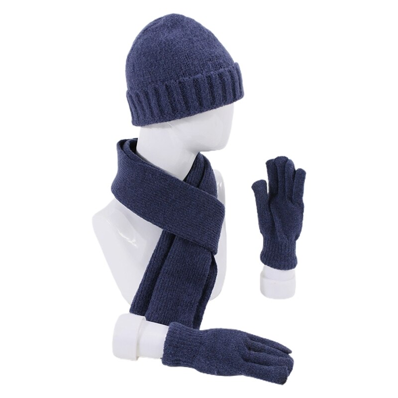 Unisex Winter 3 Stuks Beanie Hoed Lange Sjaal Handschoenen Set Effen Kleur Gebreide Warmer