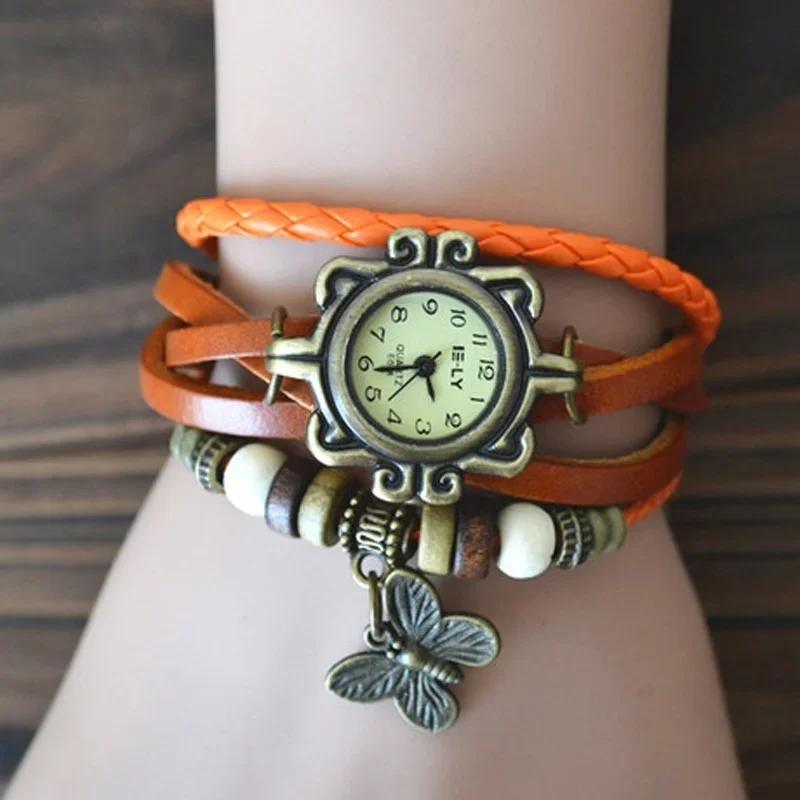 Vintage læder håndvævet dameur antik kobber tynd rem armbånd dameur med vedhæng udsøgt trendy kvartsur