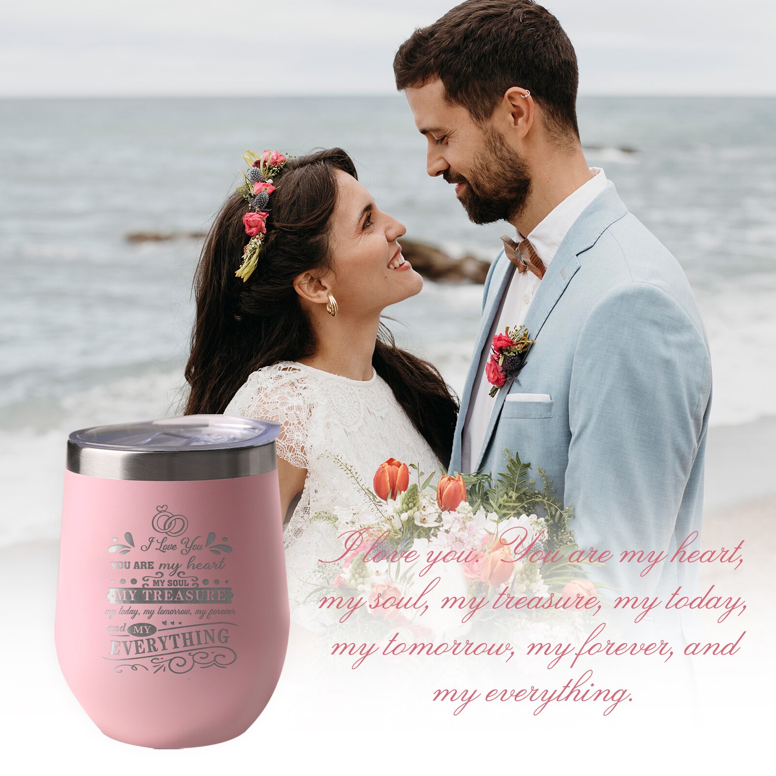Taza Termo rosa de acero inoxidable con tapa y pajita, taza interesante, You Are My Heart, My treasure, impresión para compañero, 12oz