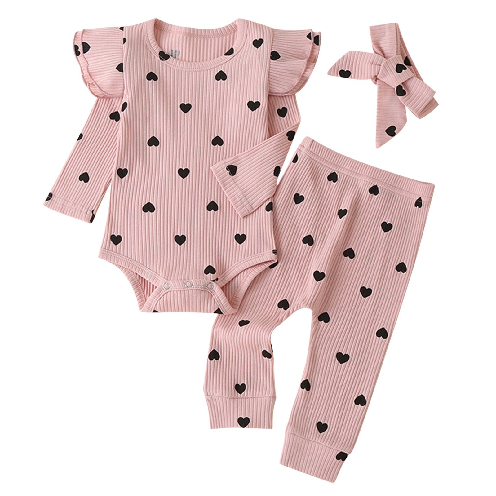heart Print Jumpsuit Toddler Kids Baby Girls Solid Ruffle Romper+Pants+Bowknot Headbands Outfits Warm roupa infantil menina: Pink / 12M