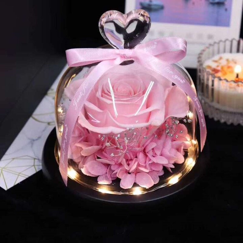 AINYROSE fleur de Rose artificielle en dôme de verre avec lumière LED boîte lampe de nuit Rose éternelle d'anniversaire de mariage pour fille: Pink Rose Light