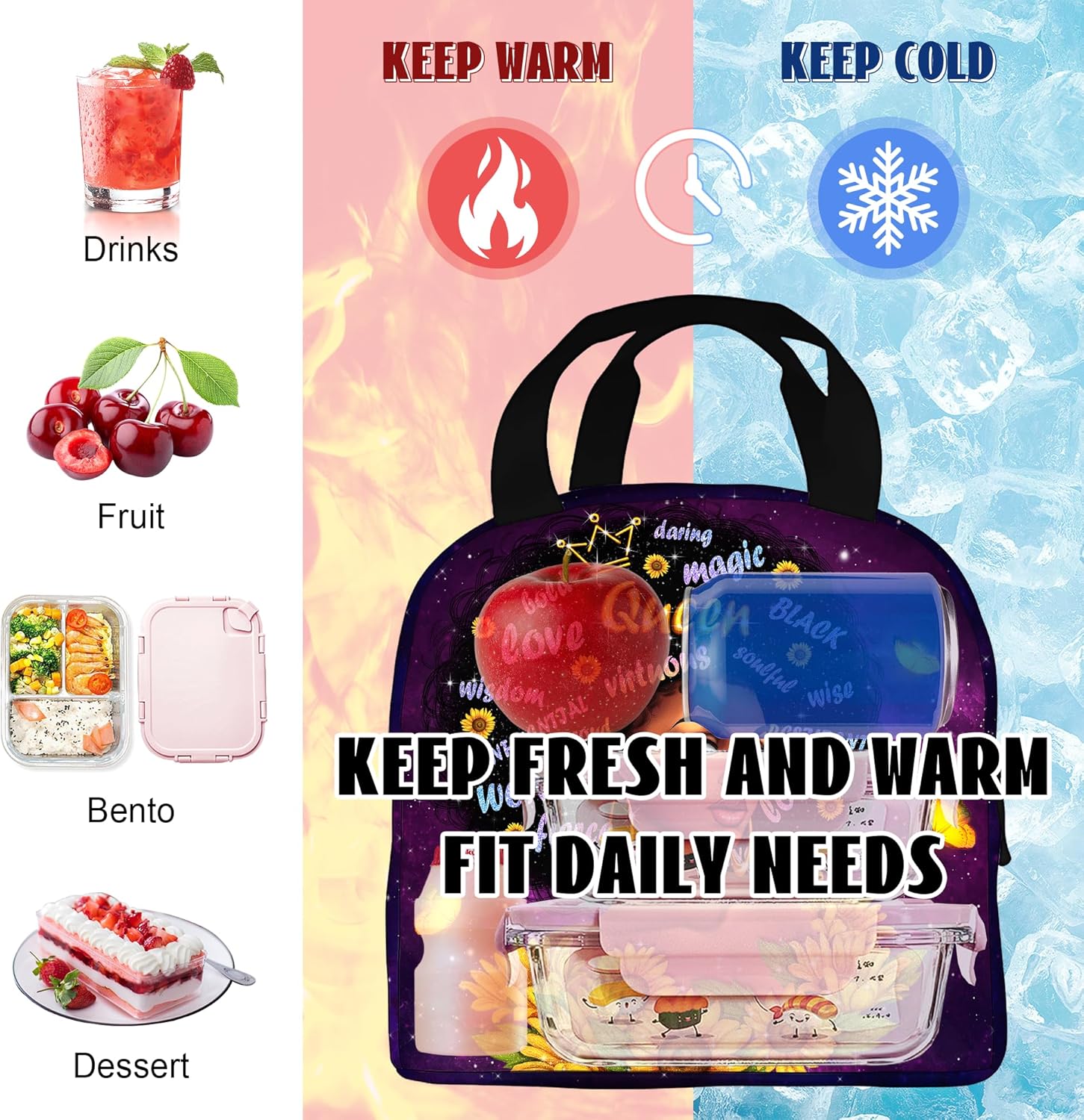 African American Women Lunch Bag Reusable Black Women Magic Insulated Lunch Box Portable Tote Bag for Women Travel Hiking