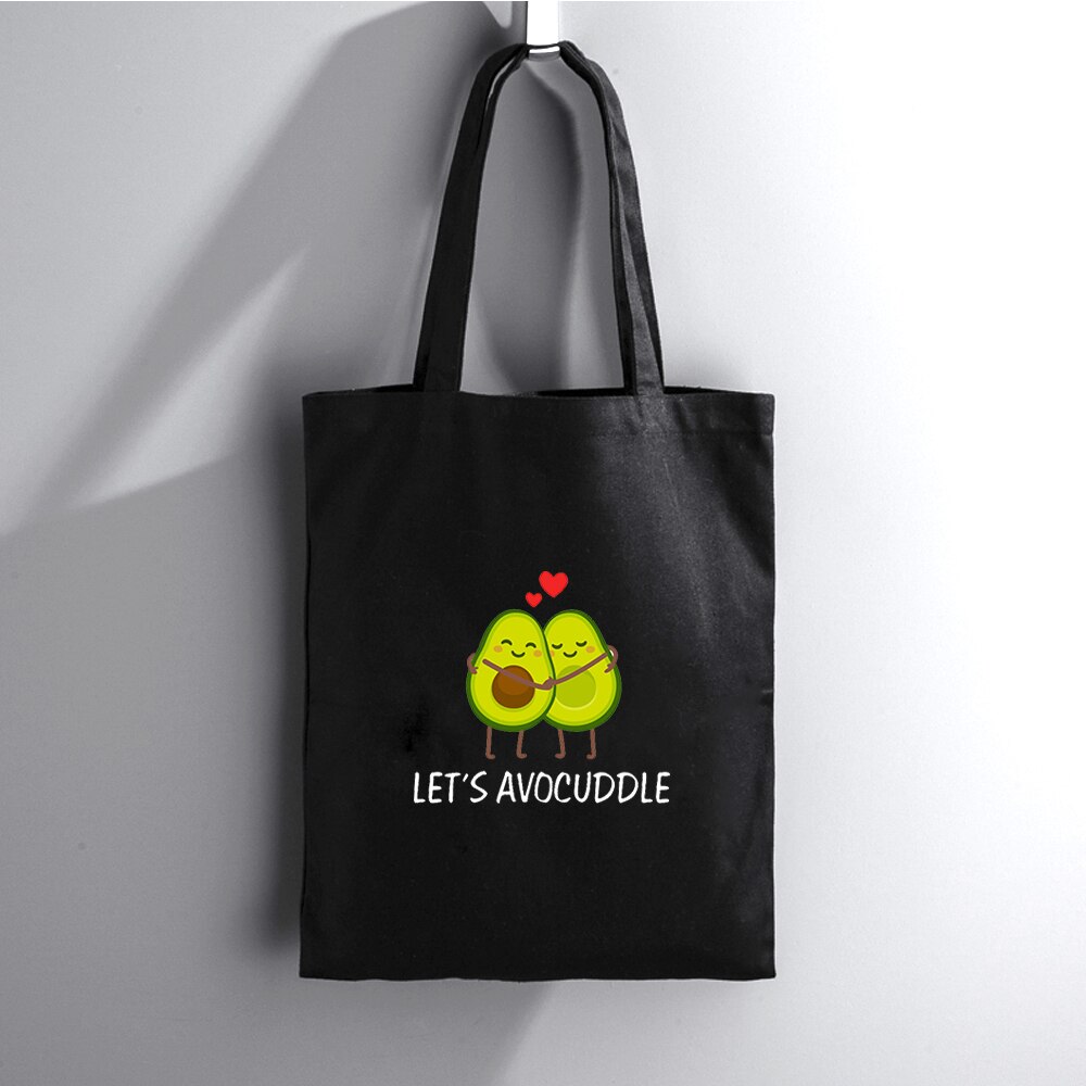 Cute Couple Avocado Print Large Capacity Canvas Tote Bag Cotton Cloth Reusable Shopping Bag Women Beach Handbags Shopping Bags: A215BLACK