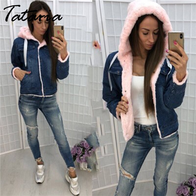 Tataria vrouwen Winter Plus Fluwelen Dames Denim Jas voor Vrouwen Warm Dikke Capuchon College Wind Dames Warm Denim jas