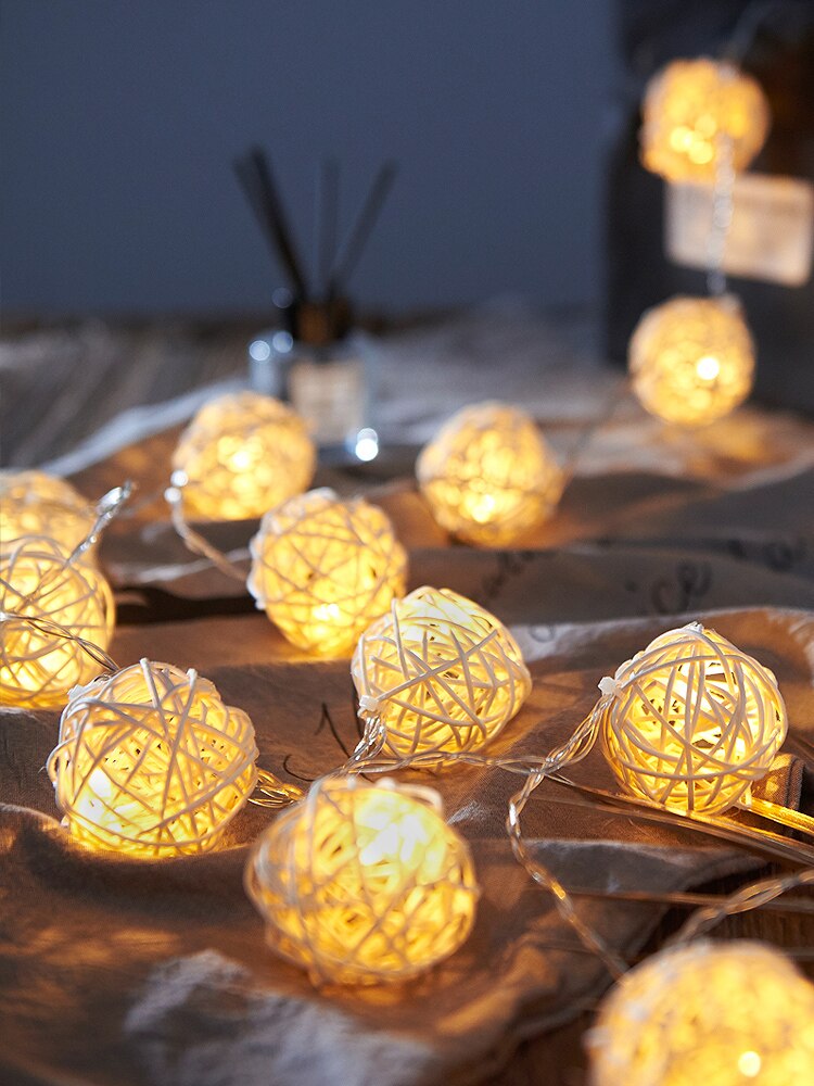 Guirlande lumineuse boule de rotin à 28led, 220V, 5M, 4cm, pour rideau de mariage, décoration de noël, pour patio, maison: white balls