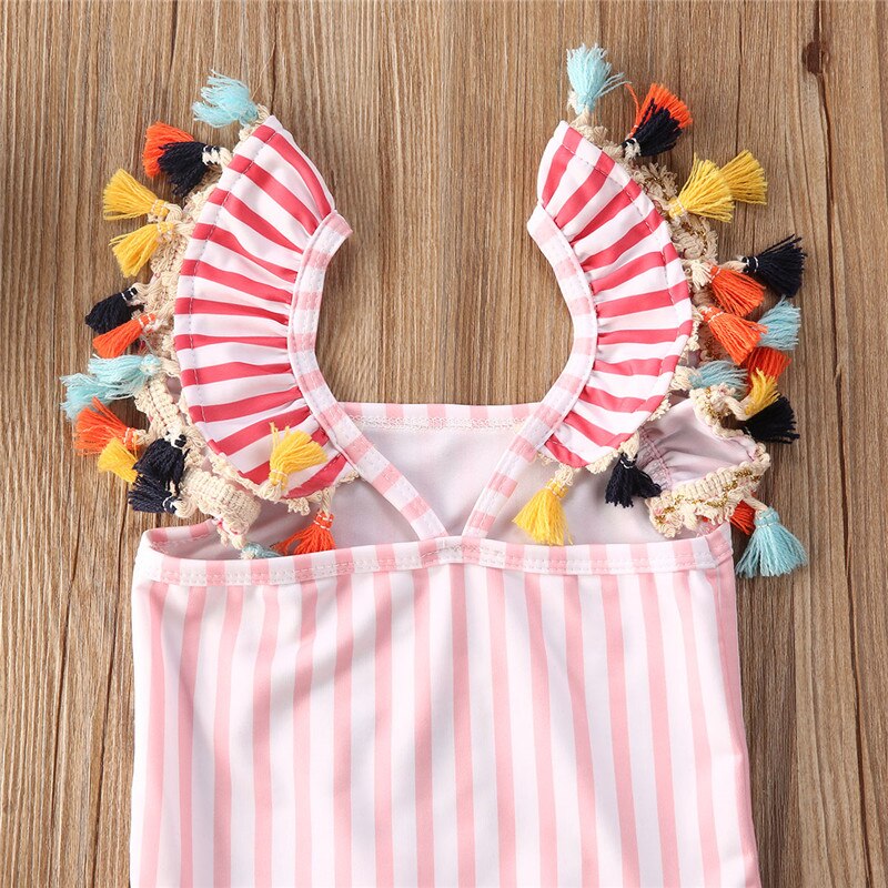 Little Girls Bikini Swimwear Swimsuit Bathing Suit Striped Tassels Cute Mermaid Onepiece Swimming Suits for 1-7Years Girls