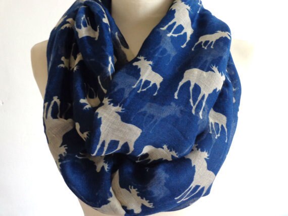 Rævmødre kvinder sød vinter elg hjorte hjort dyr print ring tørklæder snood sjal foulard til damer jul: Blå