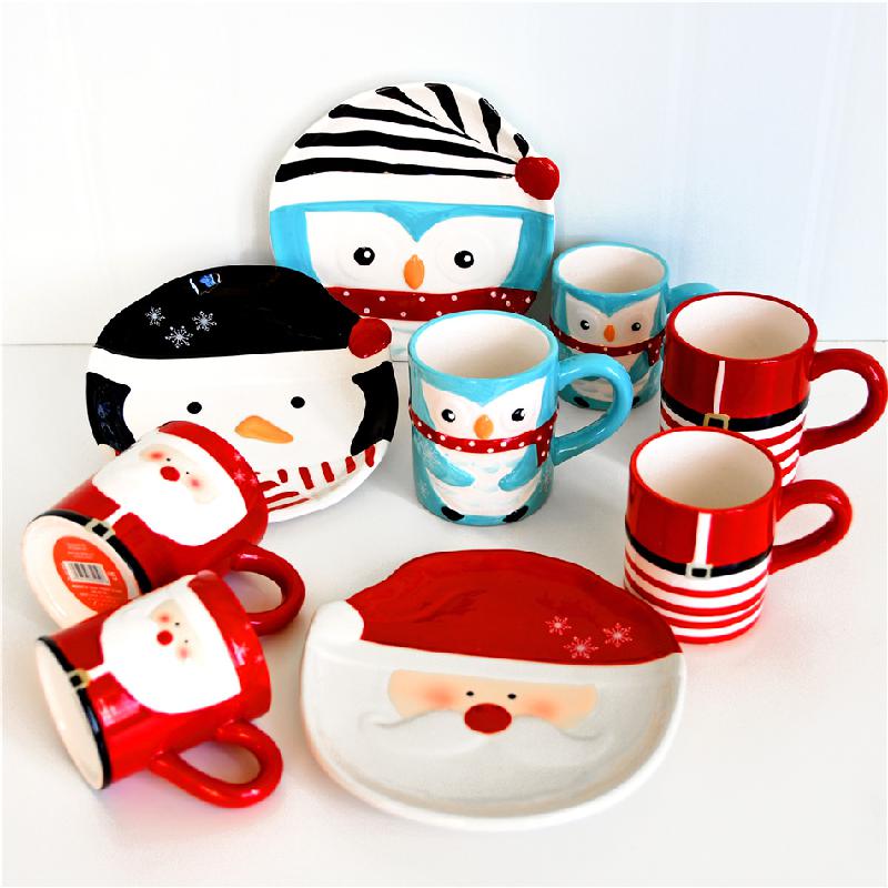 Plato de cerámica de Papá Noel para niños, vajilla de Navidad de dibujos animados, taza con , placa de pingüino Underglaze, novedad de