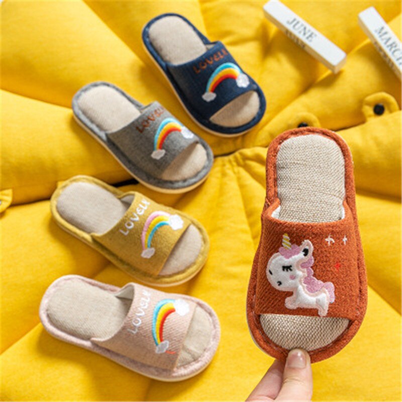 nouveaux enfants pantoufles garçon fille lin chambre tongs licorne chaussures coton pantoufles enfants hiver bébé dessin animé maison chaussures