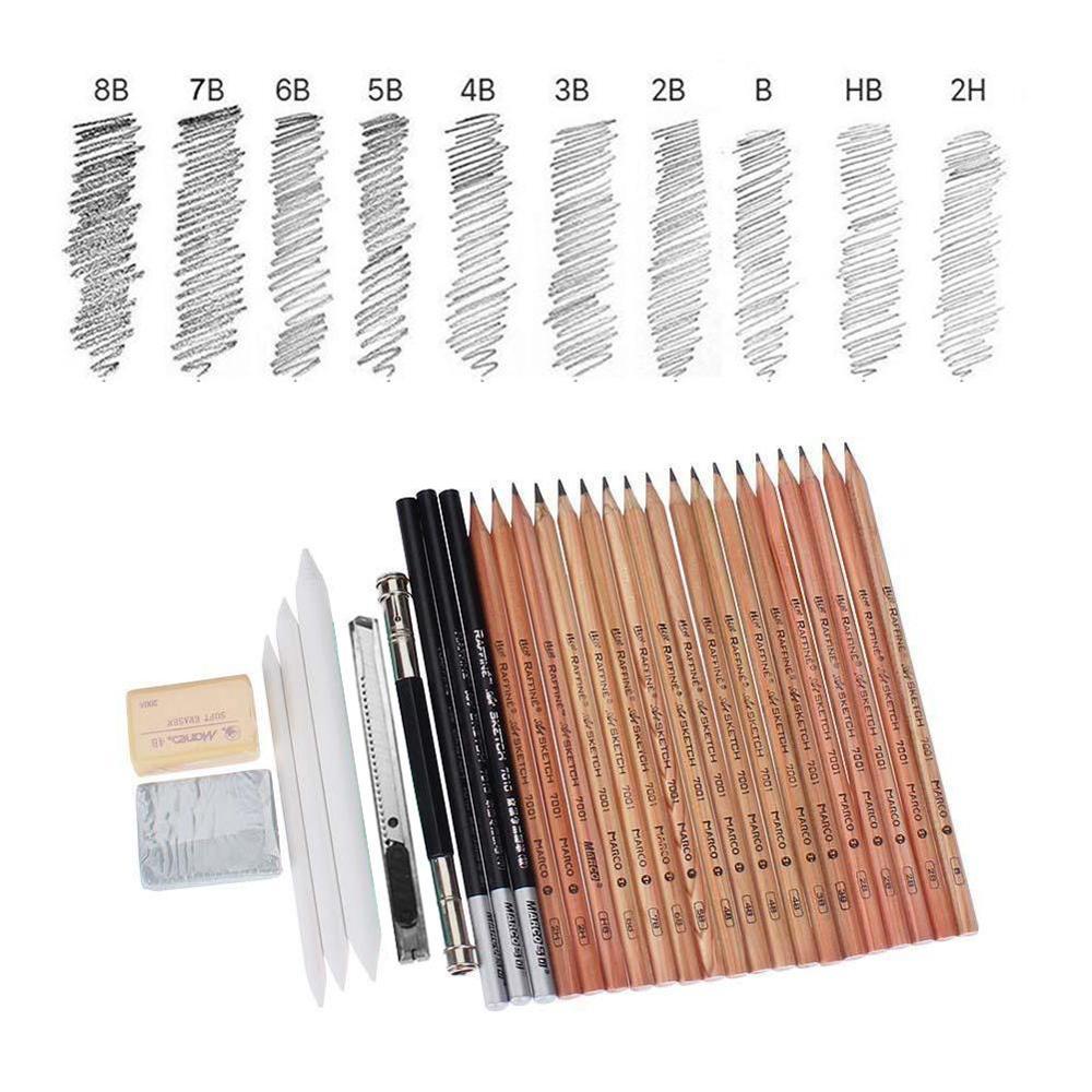 Marley 29 pcs Esboço Profissional & Ferramenta de Desenho de Arte Grafite Knif Caneta Apagável Caneta, Lápis, com o Ofício De Papel do Carvão Vegetal Lápis T6J6