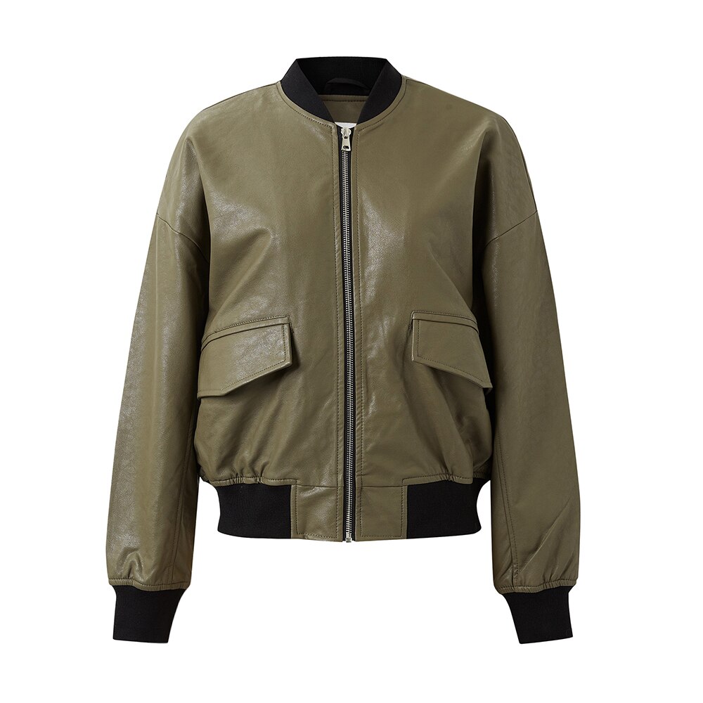 Metriäbonwe naisten nahkatakki pehmeä rento biker keinonahkatakki naisten takki lyhyt kappale katuvaatteet: Vihreä / S