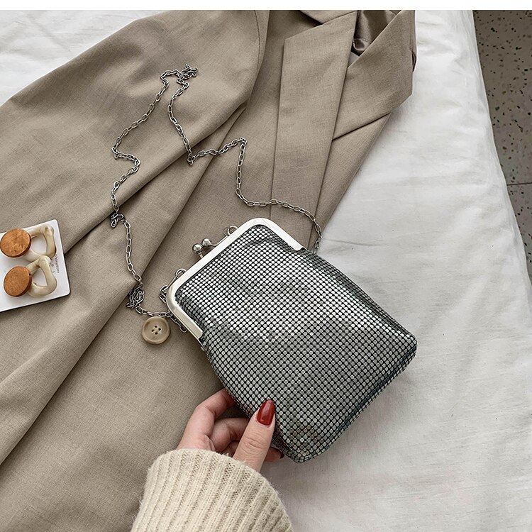 Metallic Casual Ladis Clutch Bag Purses and Handbags Shoulder Chain Bag Crossbody Mini Bag Female Evening Bag: Gray