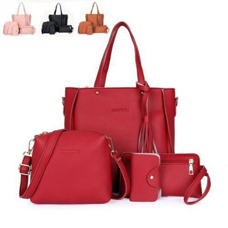 Women Ladies Leather Bags 4Pcs/Sets Handbag Messenger Tote Purse Shoulder Bags Satchel Wallets 4Pcs Solid PU Leather Wallets