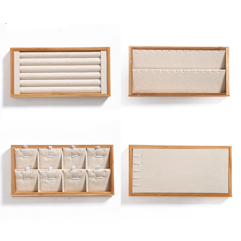 Bamboo Velvet Jewelry Display Tray Ring Box Earring Necklace Bracelet Pendant Display Organizer Jewelry Storage