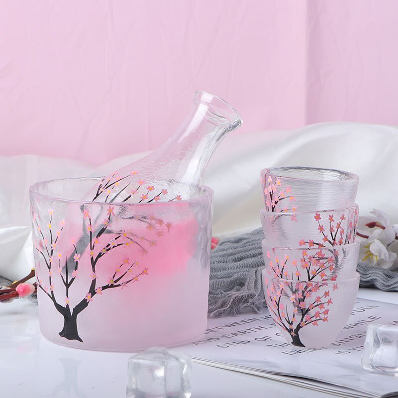 Botella de Sake esmerilada con huella dactilar, juego de vidrio de estilo japonés pintado a mano, Sake de flores de ciruela, incluye vino