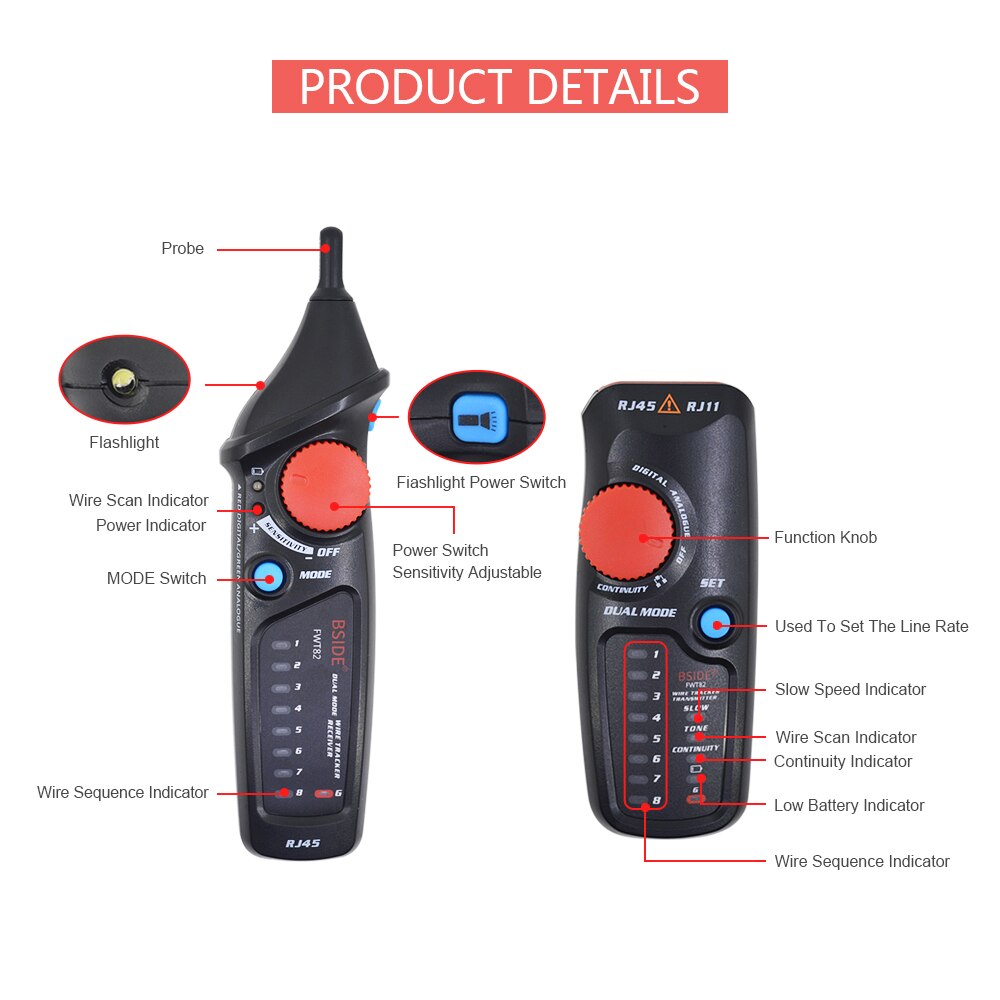 BSIDE – FWT82 traceur de câbles réseau , double , Toner de fil RJ45 RJ11 Ethernet LAN, analyseur, détecteur, détecteur de ligne