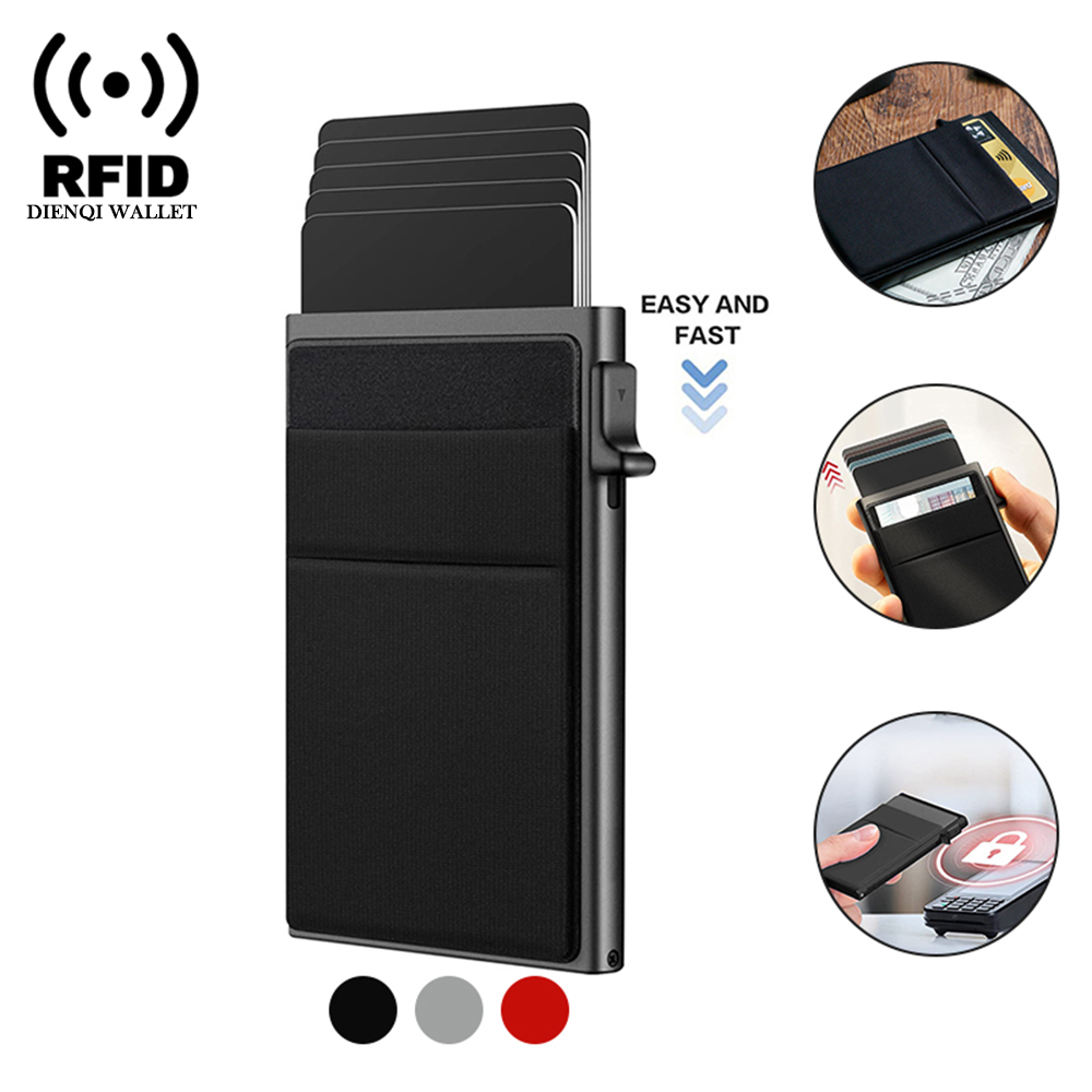 Rfid-luottokorttikotelo, ohut metallinen lompakko, miesten ja naisten ponnahdusikkuna, minimalistinen lompakko, pieni musta käsilaukku, metallinen lompakko