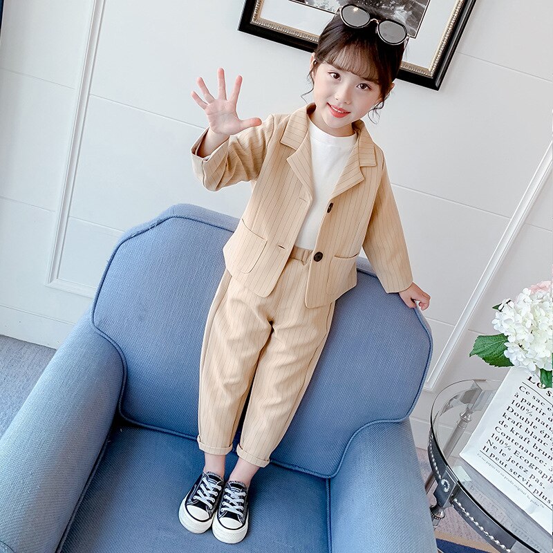 Teenage Girls Clothing Sets Spring School Jackets Pants Suits for Girls Clothes Striped Plaid Kids Costume 12 13 Y: Khaki / 10