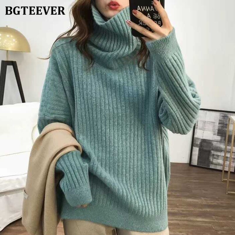 Bgteever Elegante Losse Coltrui Thicken Vrouwen Trui Mode Lange Mouw Vrouwelijke Trui Truien Winter Breien Trui: green