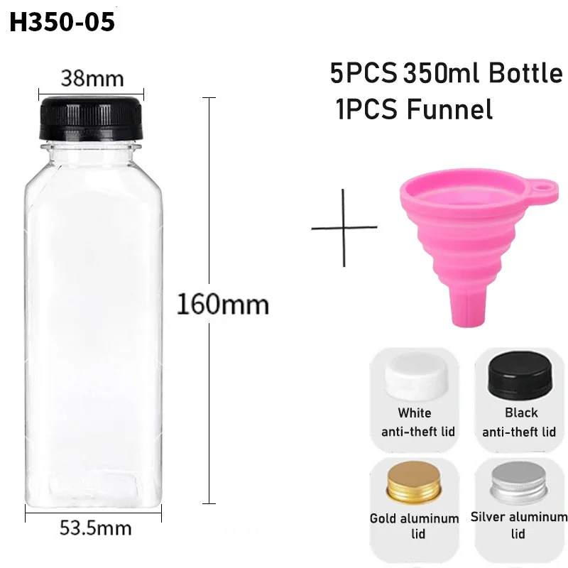 5 uds 60-500ML botellas de plástico transparentes vacías con tapas con embudo plegable contenedores de botellas de agua reutilizables para batidos de jugo DIY: Multicolor / 8 ml