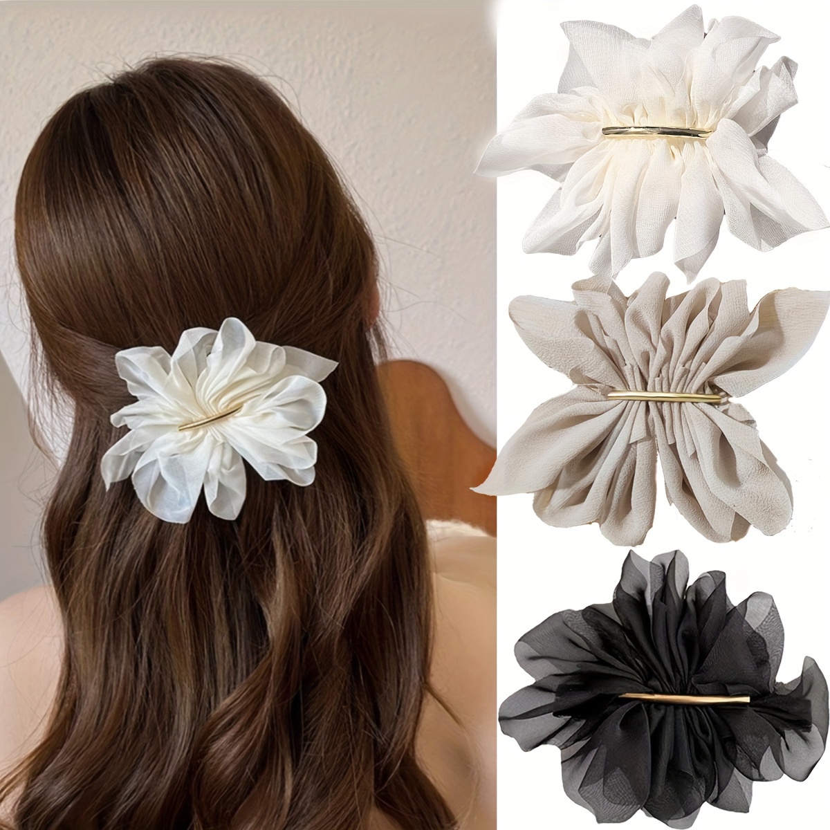 1pc enkle hårspenner i chiffong med blomster til kvinner, oval fjærspenne i legering, ensfarget hårtilbehør.