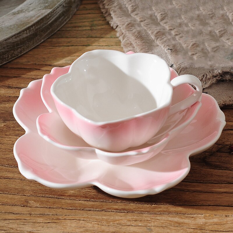 Cherry Blossom Coffee Cup Saucer Set Ceramic Teacup Cherry Blossom Dish Gradient Color Tea Cups 3 Piece Set Home Office Mug: pink