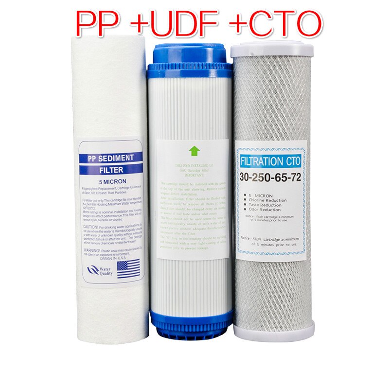 3 stks/partij 10-inch waterzuiveraar filter actieve kool 123 grade PP katoen + UDF + CTO actieve kool filter