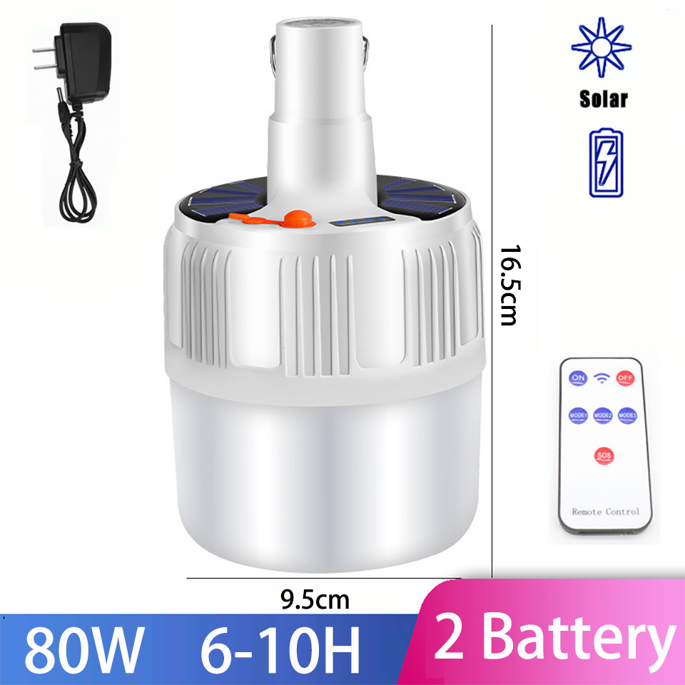 Portable Camping led Light Bulb Rechargeable Emergency Lights LED Battery Tent Solar Outdoor Lantern Lighting for Patio Garden: R Solar 80W 2Battery / EU