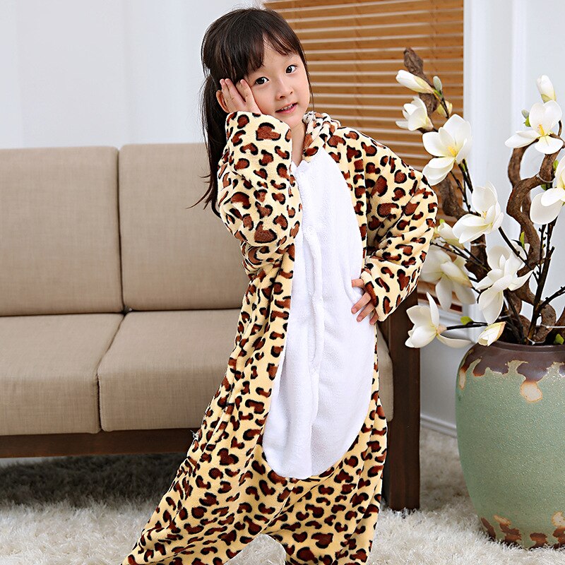 Leopard Kigurumis For Children Animal Panther Flannel Warm Pajamas Boy Girl Halloween Suit Winter Sleepwear Funny Cute