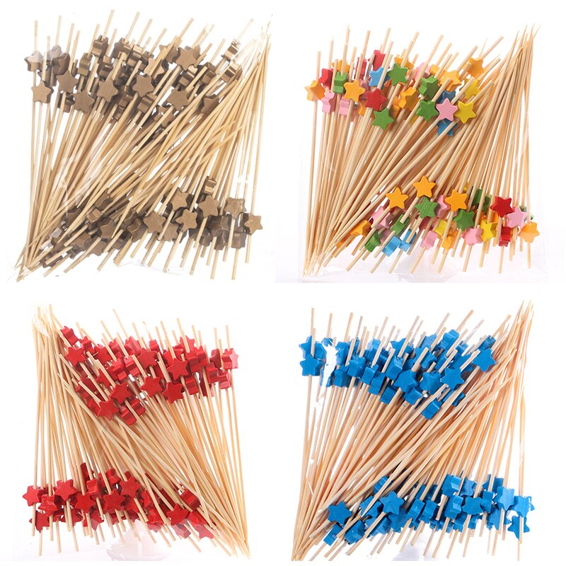 100pz stuzzicadenti decorativi a forma di stella Bastoncini di bambù per cocktail Bastoncini di frutta usa e getta 12cm Decorazione colorata per buffet di cibo Decorazione da tavola per feste
