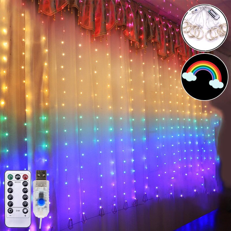3X2M Rainbow Curtain Lights LED String Garland Fairy Icicle Decorative Lights for Christmas Party Bedroom Wall Wedding Decor
