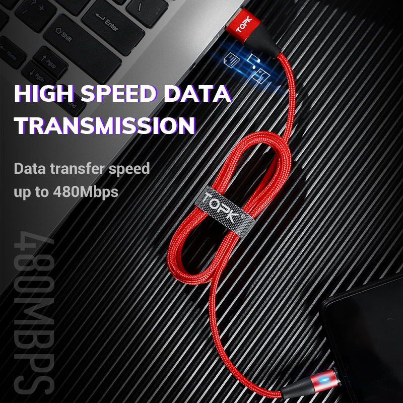 Topk AM60 3A Snel Opladen Led Magnetische Micro Usb Type C Kabel Voor Iphone Xs Max 8 7 6 Telefoon kabels