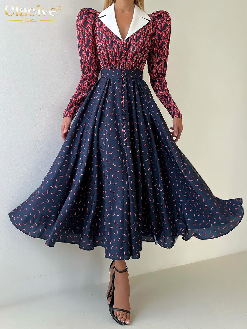 Clacive løs print damekjole vintage revers langærmet ankellange kjoler højtaljet plisseret damekjole: S / Blå