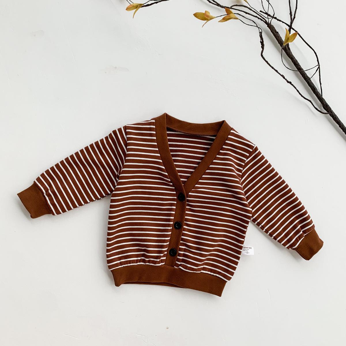 2022 Herfst Stijl Baby Kleding Peuter Jongens Lange Mouw Gestreepte Tops Kids Casual V-hals Trui Vest Jas Kleding: brown / 3T