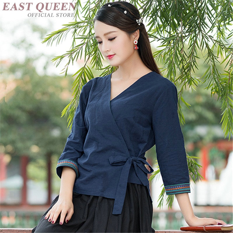 Blusa tradicional china para mujer, blusa de lino oriental con cuello mandarín, blusa de camisa para mujer, top cheongsam AA4156