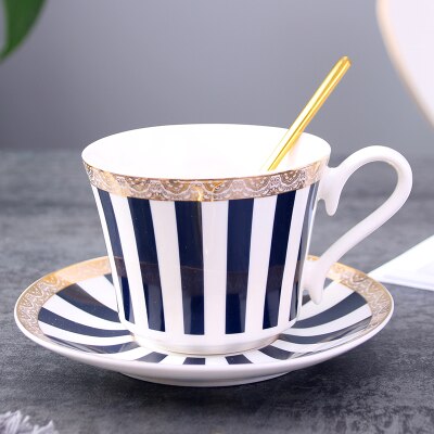Concise Stripe Bone China Coffee Cup Saucer With Gold Spoon Ceramic Paris Tea Cup 225ml Porcelain Teacup Cafe Drinkware: Black stripes teacup