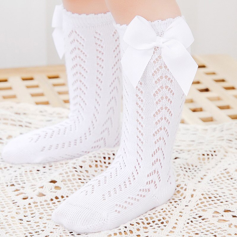 Nette Sommer Baby Socken Mit Bogen Atmungsaktive Baumwolle Mesh Baby Mädchen Knie Hohe Socken Einfarbig Kleinkind 1-3Y: white