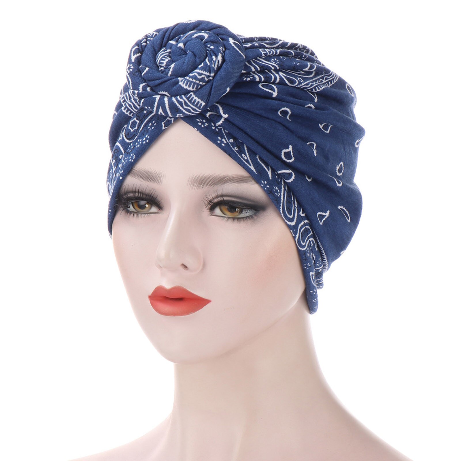 2020Fashion Women ethnic style hat scarf turban headgear cap printed Indian hat Baotou hat Muslim bottom cap mondkapjes wasbaar: Navy 