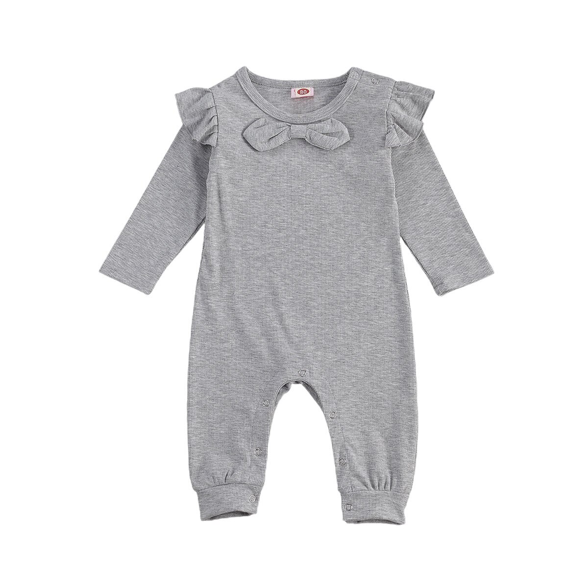 Baby Baby Meisjes Effen Kleur Geribbelde Jumpsuit Peuter Jongen Meisje Lange Flying Mouwen Boog Geribbelde Romper Strikje Knop Broek: Grijs / 6m