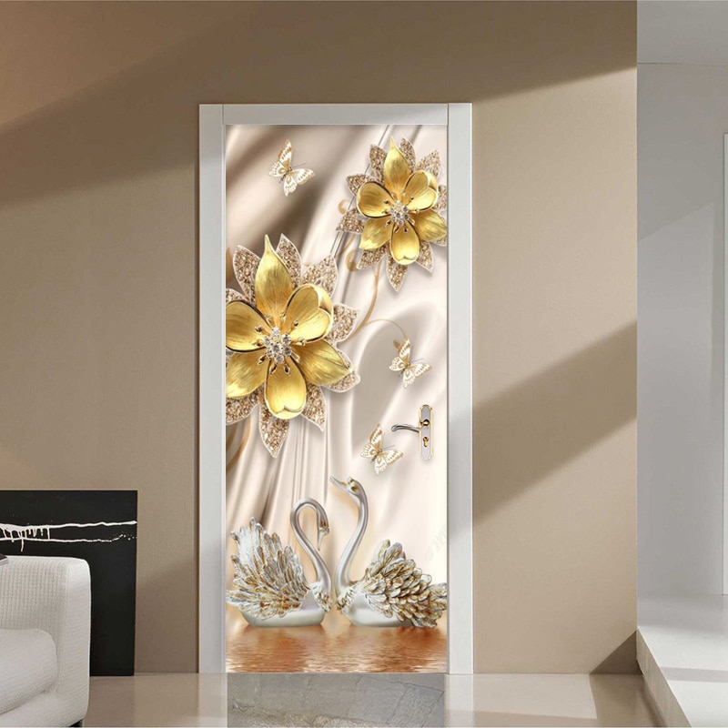 Europæisk stil dørklistermærke 3d blomster svan luksus tapet soveværelse hotel hjem døroverføringsbilleder 3d indsæt pvc selvklæbende klistermærker