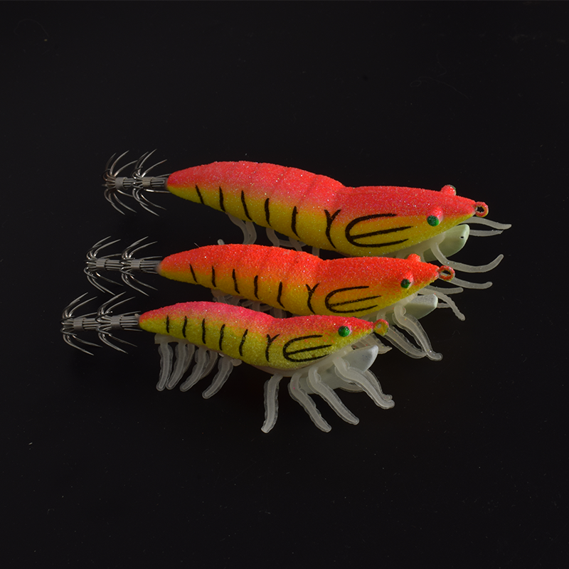 Gancho luminoso de imitación de madera para camarones y calamar No. 2,5 No. 3,5 calamar calamar camarones de pie blando pesca en el mar lua cebo fluorescente