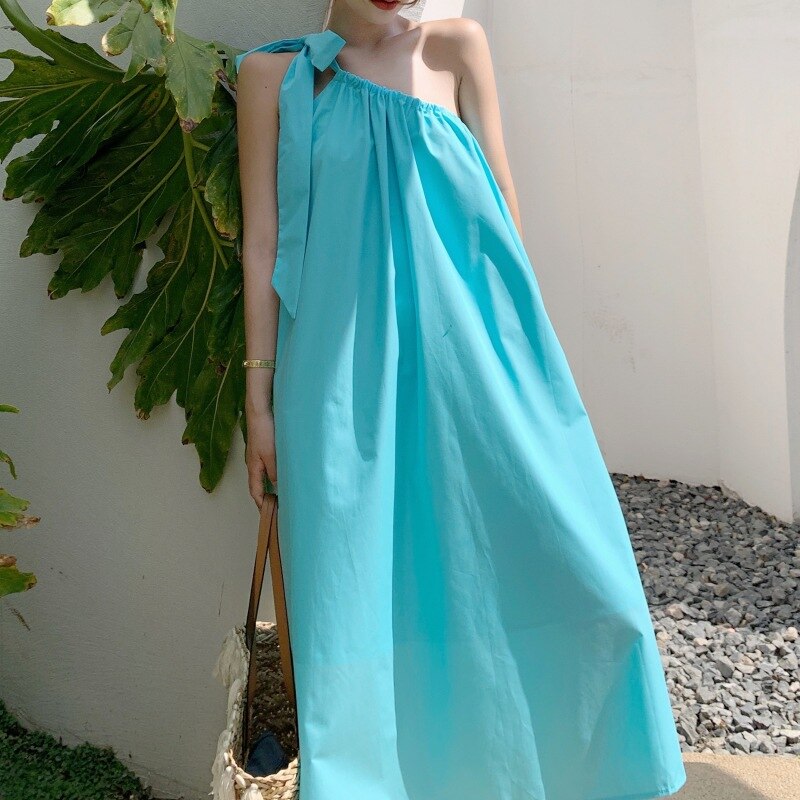 Vestido suelto de un hombro para mujer, ropa de vacaciones de Color sólido sin mangas, Espalda descubierta, ropa de diario Harajuku, de verano, S-XL